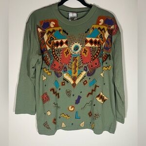 Vintage 90s KWBL Los Angeles green handpainted aztec southwest LS tshirt sz L